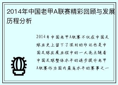 2014年中国老甲A联赛精彩回顾与发展历程分析